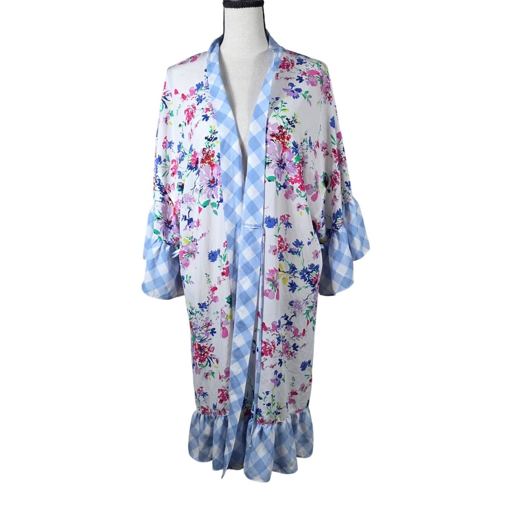 The Pioneer Woman Floral Gingham Ruffle Kimono Duster Cover Up L No Belt Boho